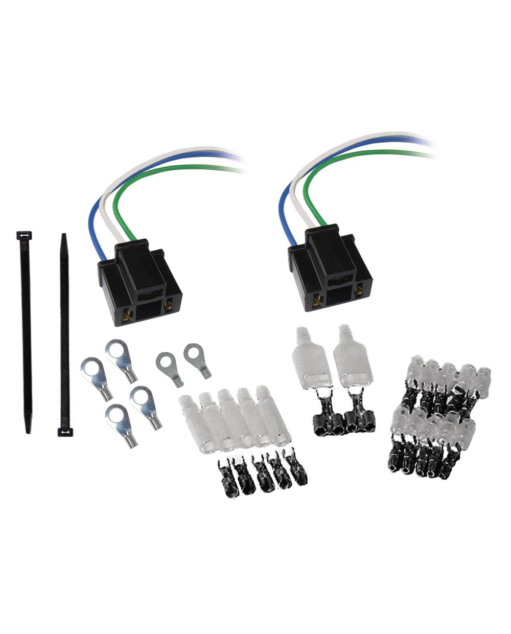 Kit raccords électriques(2 fiches à 3 poles pour culot H4, connecteurs type  japon 52 pièces, 100 serre-cables de 100mm, 4(2) oeillets de 6(5) mm