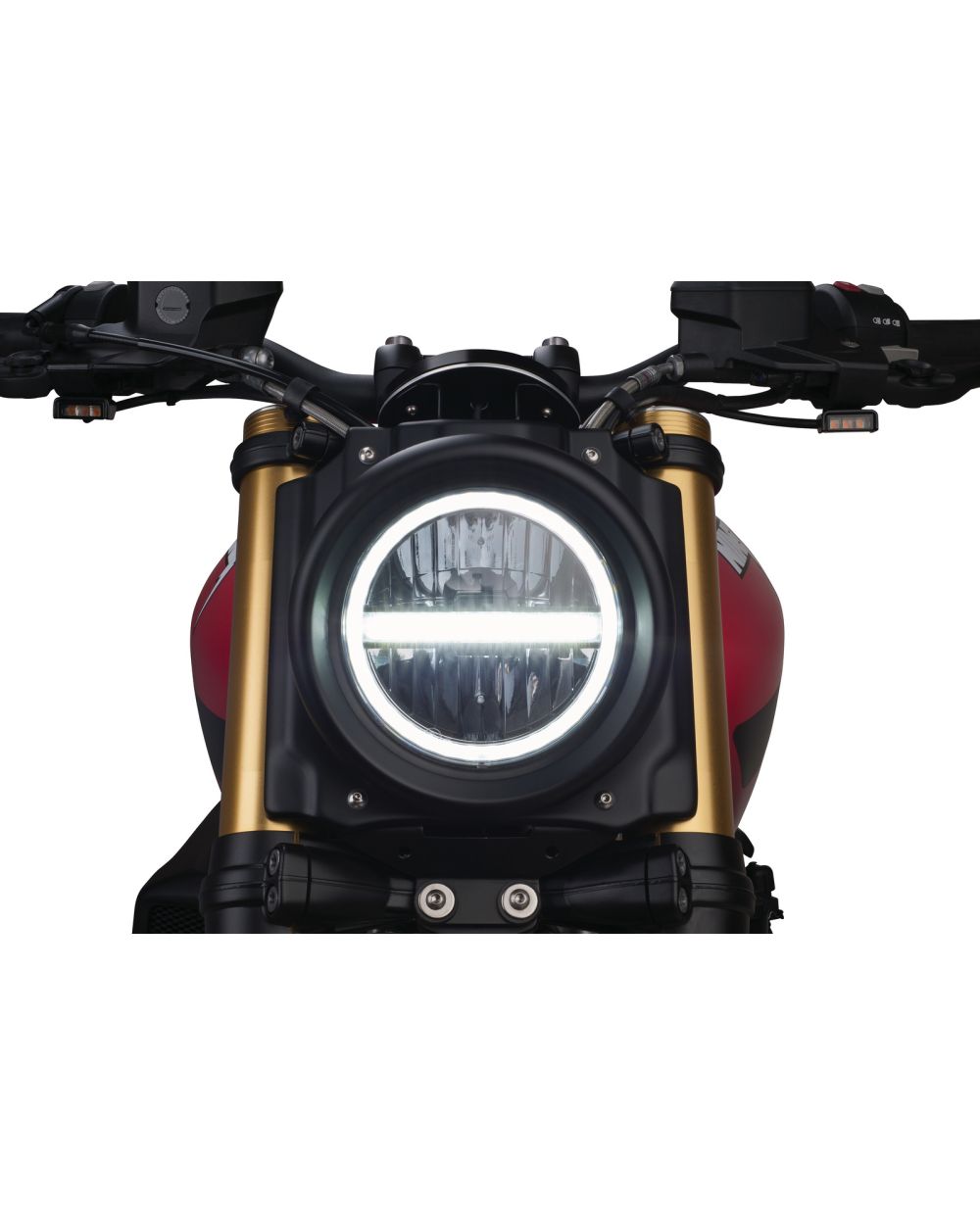 Plaque phare tête de fourche JvB-moto, plastique ABS, avec optique à LED  avec fonction feu de jour, matériel de montage inclus. Homologué