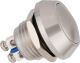 Bouton poussoir universel, diam. 17,5mm, long. 22.7mm, diam. de fixation 12mm, inox poli. Supporte 2A/36V, étanche IP65