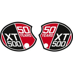 Side Cover Sticker '50 Years XT500', shape suitable for all side covers up to model year 1979 (lock LH, cutaway RH), 1 pair