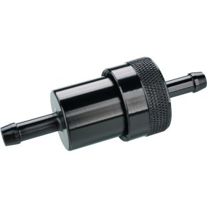 Fuel filter for 6mm fuel line, black housing aluminium - screwable, Sinter/Bronze filter - removable, Body length approx. 37mm (without fittings)