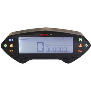 Compteur digital KOSO DB-01RN, 12V, fond blanc, vitesse en chiffres, tr/mn en colonnes, 8 voyants, kilométrage total + journalier, faisceau inclus.