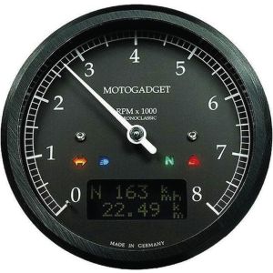 Motogadget 'Chronolassic' Mulitifunctional Instrument, Analogue Tachometer, Digital Speedo, Odo- and Trip-Meter, Diam. 80mm, Black Anodized