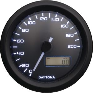 Compteur digital Daytona 'Velona', diam. 48mm, rétro-éclairage 3 couleurs au choix, fonctions: km/h, total et journalier, tension, heure. Max. 200km/h