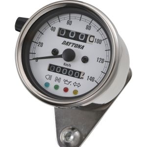 Daytona 'Mechanica II' Mini Speedometer, 140km/h display, 60mm diameter, stainless steel housing, white dial, 4 pilot lights, LED illumination, 6-12V