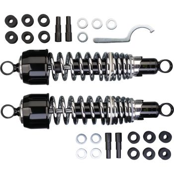 Paire d'amortisseurs renforcés Heavy Duty, 325mm, cache noir démontable, pour pilote+ bagages ></picture>120kg, précontrainte réglable