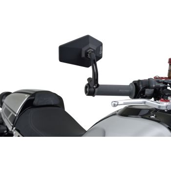 Daytona Handlebar End Mirror HEXAGON, black coated aluminium, can be mounted on the left or right, adapter ring for 22+25.4mm handlebars, e-approved