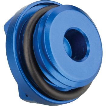 Bouchon de réservoir d'huile M27x3, aluminium anodisé bleu avec orifice pour fil de sécurité. Livré avec joint torique