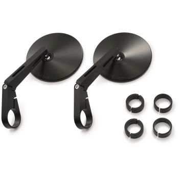 Daytona Handlebar End Mirrors, 1 pair left/rear, plastic housing round 104mm, mirror arm aluminium CNC, e-approved, 22/25.4/29.5mm clamping