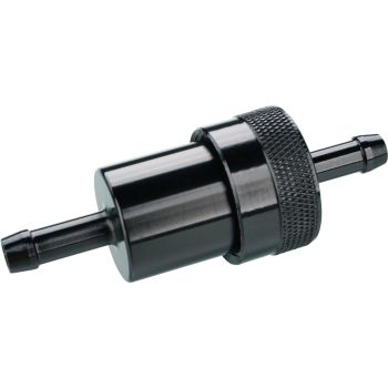 Fuel filter fits 8mm fuel line, aluminium black, screwed with sinter/bronze filter element, housing length without connections approx. 39mm