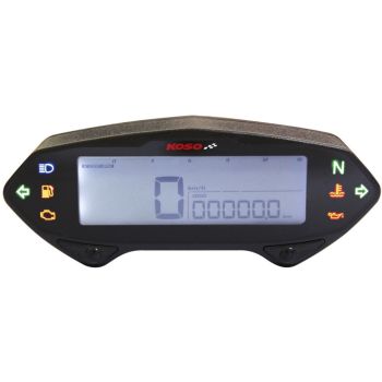 Compteur digital KOSO DB-01RN, 12V, fond blanc, vitesse en chiffres, tr/mn en colonnes, 8 voyants, kilométrage total + journalier, faisceau inclus.