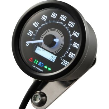 Daytona 'Velona 2' Speedometer 200km/h, dim. 60x45 mm, (km/h,km total+day, volt, clock, white backlight with 4 pilot lights), e-approved