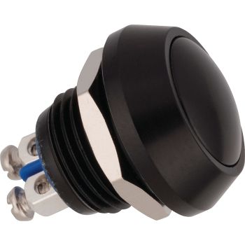 Bouton poussoir universel, diam. 17,5mm, long. 22.7mm, diam. de fixation 12mm, aluminium noir. Supporte 2A/36V, étanche IP65