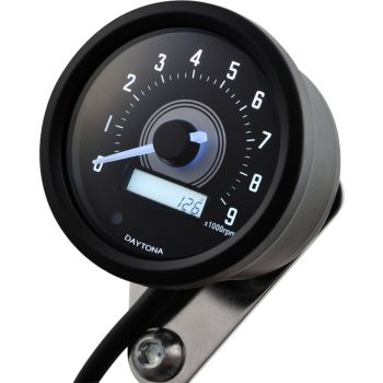 Daytona 'Velona 2' black Tachometer up to 9000 rpm, dim. 60x45 mm, voltmeter function, LED illumination + LC-display, 12V