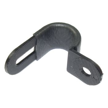 Support/guide de durite de frein (diam. max. 9mm), noirm, plastique, pour vis de fixation de 4mm (agrandissable à 6mm)