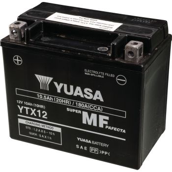 AGM Battery Yuasa 12V, maintenance-free filled, leak-proof due to AGM technology (glass fibre fleece), type YTX12-BS