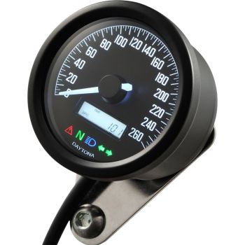Daytona 'Velona' Speedometer 260km/h, dim. 60x45 mm, black (km/h,km total+day, volt, clock, white LED-illumination + LC-display, e-approved)
