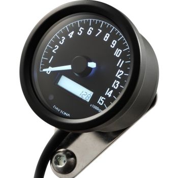 Daytona 'Velona 2' Tachometer 15000 rpm, dim. 60x45 mm, black, voltmeter function, red warning light, LED illumination + LC-display, 12V