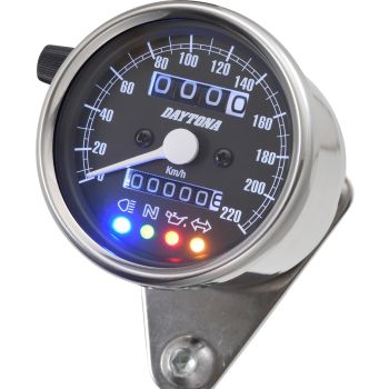 Daytona 'Mechanica II' Mini Speedometer, 220km/h display, 60mm diameter, stainless steel housing, black dial, 4 indicator lights, illumination, 6-12V