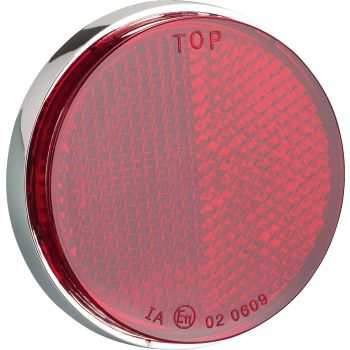 Catadioptre rouge rond, support chromé, diam. 55/59mm, pièce, pas de 5mm, homologué