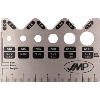 Outil inox de mesure pour vis M4 à M12, diamètre, longueur, pas. Taille 85x55mm