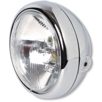 Mini phare avant, siglé 'E', plastique ABS chromé (12V 35/35 Bilux, diam. optique: 105mm, larg. 130mm, prof. 100mm)