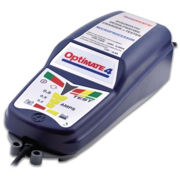 Chargeur de batterie Optimate 4, 12V, fonction diagnostic, étanche (10 LEDs de diagnostic, 2 niveaux de désulfatisation, pinces de poles et adaptateur étanche pour véhicule)