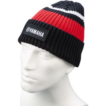 Beanie, black/white/red, knitted stripes with print, one size fits all, 100% cotton