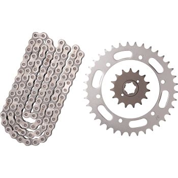 Kit chaîne à joints toriques 15/37, RK520XRE, 104 maillons, ouverte avec 2 attaches (rivet, clip), pignon à cannelures larges