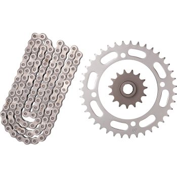 Kit chaîne à joints toriques 15/39, RK520XRE, 102 maillons, ouverte avec 2 attaches (rivet, clip), pignon à cannelures fines