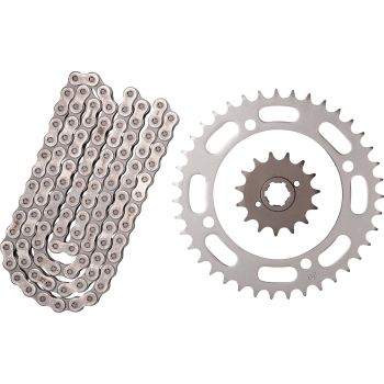 Kit chaîne à joints toriques 15/39, RK520XRE, 104 maillons, ouverte avec 2 attaches (rivet, clip), pignon à cannelures larges