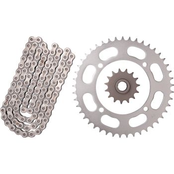 Kit chaîne à joints toriques 15/45, RK520XRE, 106 maillons, ouverte avec 2 attaches (rivet, clip), pignon à cannelures fines