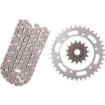Kit chaîne à joints toriques 15/37, RK520XRE, 104 maillons, ouverte avec 2 attaches (rivet, clip), pignon à cannelures fines