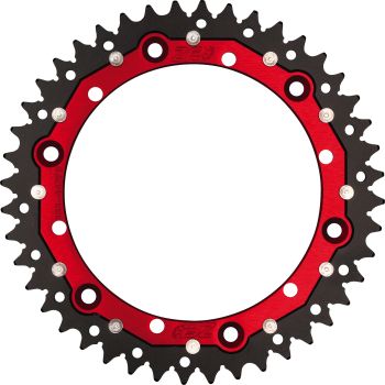 Couronne 44 dents alu/acier (intérieur alu anodisé rouge pour 20% de moins de poids, extérieur acier pour moins d'usure)