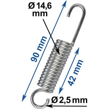 Ressort universel zingué, long. 90mm, fil de 2.5mm, diam ext. 14.6mm, long. spires 42mm