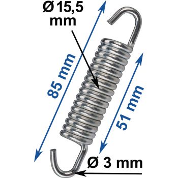 Ressort universel zingué, long. 85mm, fil de 3mm, diam ext. 15.5mm, long. spires 51mm