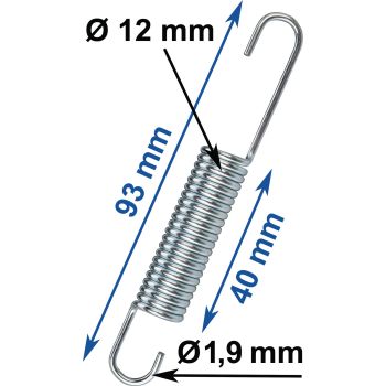 Ressort universel zingué, long. 93mm, fil de 1.9mm, diam ext. 12mm, long. spires 40mm