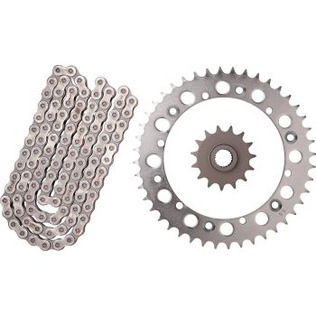 Kit chaîne à joints toriques, RK520XRE, 15/44, 112 maillons, ouverte avec 2 attaches (rivet, clip), pignon à cannelures fines