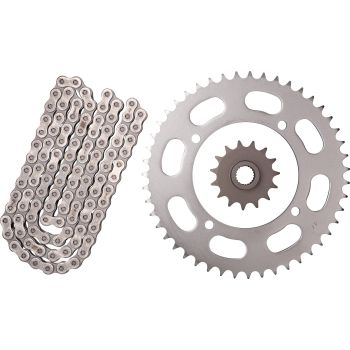 Kit chaîne à joints toriques, RK520XRE, 15/47, 110 maillons, ouverte avec 2 attaches (rivet, clip), pignon à cannelures fines