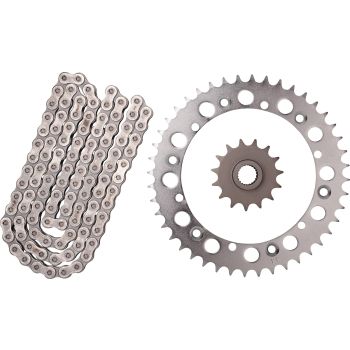 Kit chaîne à joints toriques, RK520XRE, 15/44, 110 maillons, ouverte avec 2 attaches (rivet, clip), pignon à cannelures fines