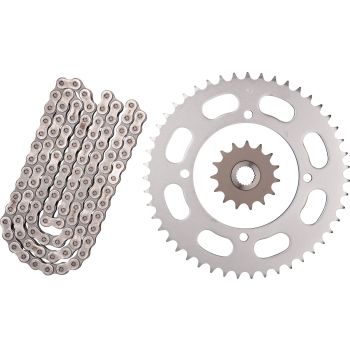 Kit chaîne à joints toriques, RK520XRE, 15/47, 114 maillons, ouverte avec 2 attaches (rivet, clip), pignon à cannelures fines