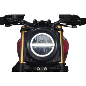 Plaque phare tête de fourche JvB-moto, plastique ABS, avec optique à LED avec fonction feu de jour, matériel de montage inclus. Homologué